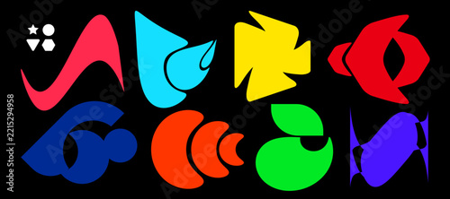 A collection of abstract colorful shapes featuring organic curves, geometric forms, leaves, drops, circles, stars, and decorative elements. Minimalist colors design suitable for branding