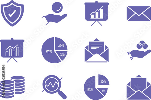 Set of business and finance icons including charts, graphs, email, shield, and coins for professional presentations