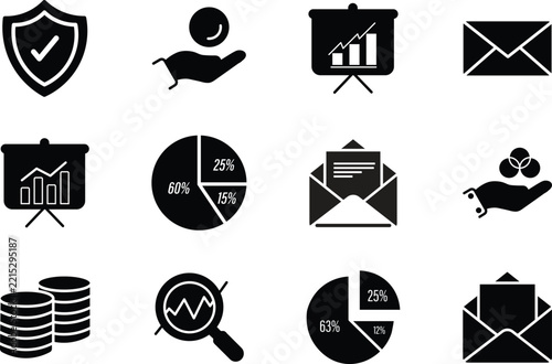 Set of business and finance icons including charts, graphs, envelopes, and coins