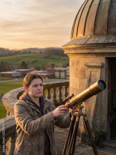 Young woman student aligning brass telescope on outdoor observatory balcony during warm sunset