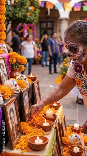 Artisan woman decorating traditional ofrenda altar with marigold flowers for day of the dead festival