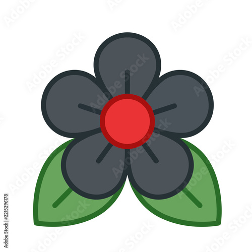Stylized dark flower with red center and green leaves