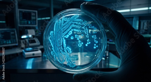 Microbiological laboratory glass Petri dish with glowing blue virus samples under microscope