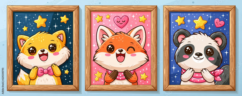 Fototapeta premium Window child poster kid room decor cartoon playful animal illustration framed artwork