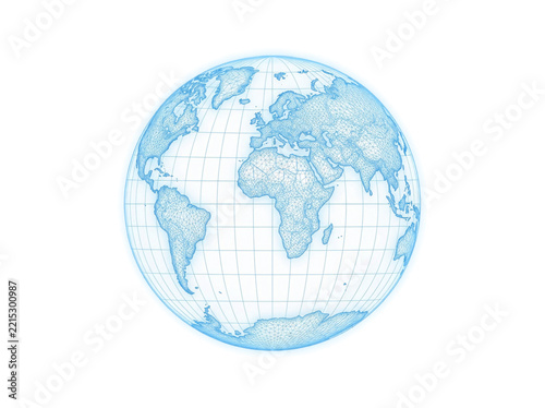 3D digital wireframe globe showing world map continents light blue glowing network
