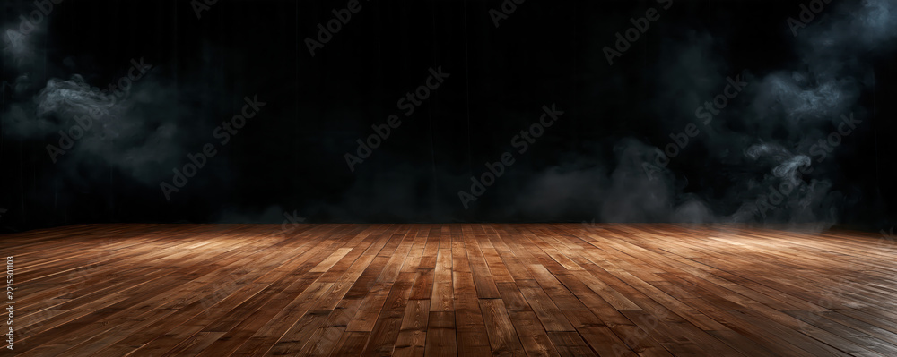 Naklejka premium Wooden stage floor under dark smoky background creating dramatic empty space for theater or event backdrop