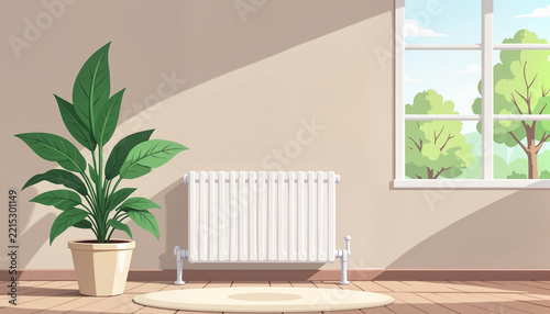 indoor plant in a pot next to a radiator in a bright room with a window showing green trees, concept home comfort