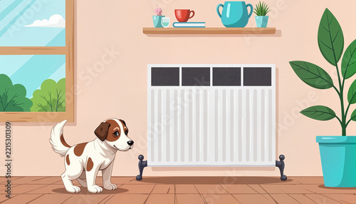 playful domestic dog standing on wooden floor near radiator in cozy living room with plants and window, concept home environment