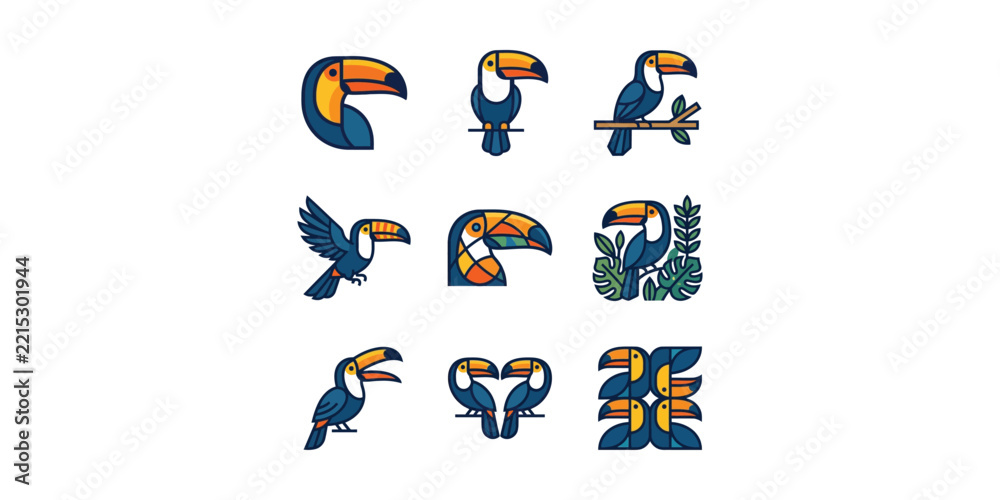 Fototapeta premium Set of colorful toucan bird illustrations in various poses and artistic styles.