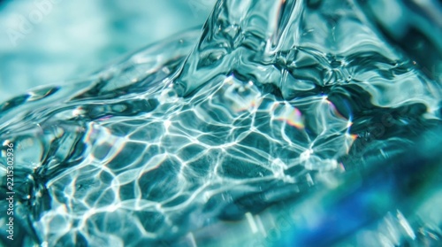 Abstract macro shot of flowing blue water with light caustic reflections.