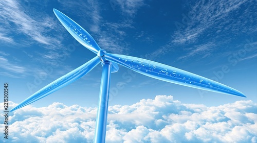 A glossy blue turbine with water droplets spins against a vibrant sky filled with clouds.