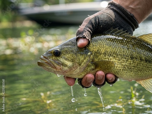 Close up of a fisherman holding a freshly caught bass over lake water