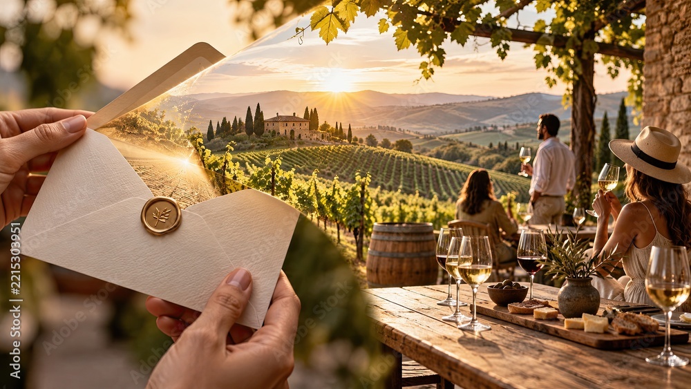 Fototapeta premium Hands presenting an experience gift envelope revealing a scenic vineyard wine tasting at sunset instead of a physical object.