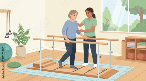 Physical Therapist Helping Elderly Woman Walk with Parallel Bars