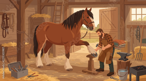 Farrier shoeing a horse in a rustic stable barn illustration