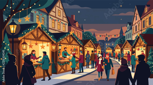 Bustling Christmas Market Street Scene at Twilight with Festive Stalls