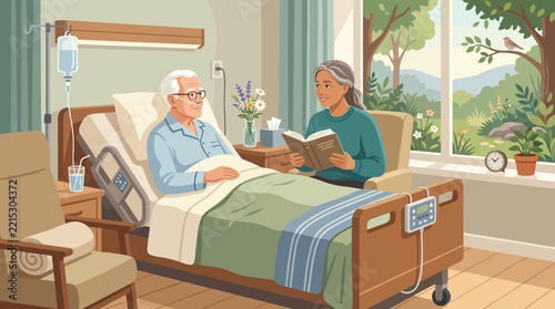 Elderly woman visiting and reading a book to her sick husband in a hospital room