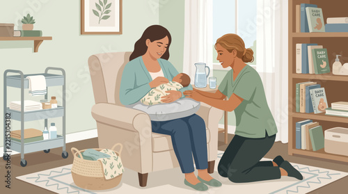 Lactation consultant helping new mother breastfeed her baby in a nursery room illustration