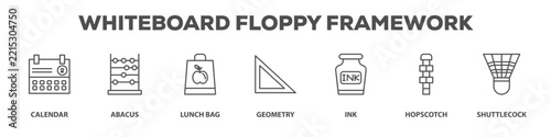 Whiteboard Floppy Framework with icon of Calendar, Abacus, Lunch bag, Geometry, Ink, Hopscotch, Shuttlecock
