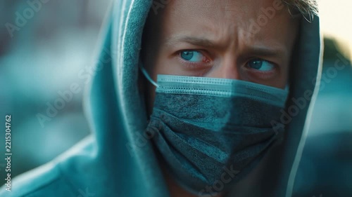 Close-up of a man in a grey hoodie and medical mask looking around cautiously with intense blue eyes.