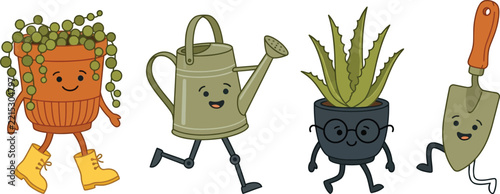 Cute cartoon gardening characters including a potted plant watering can aloe vera and a garden trowel tool