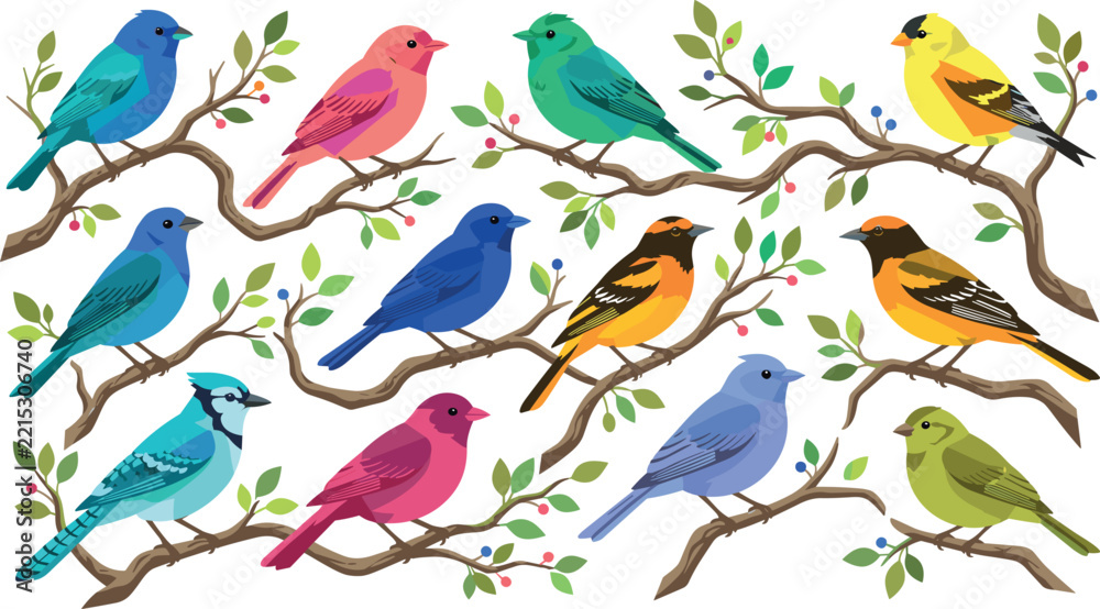 Obraz premium Vibrant Colorful Wild Bird Vector Illustration Set with Various Songbirds Perched on Green Leafy Berry Branches for Nature Designs