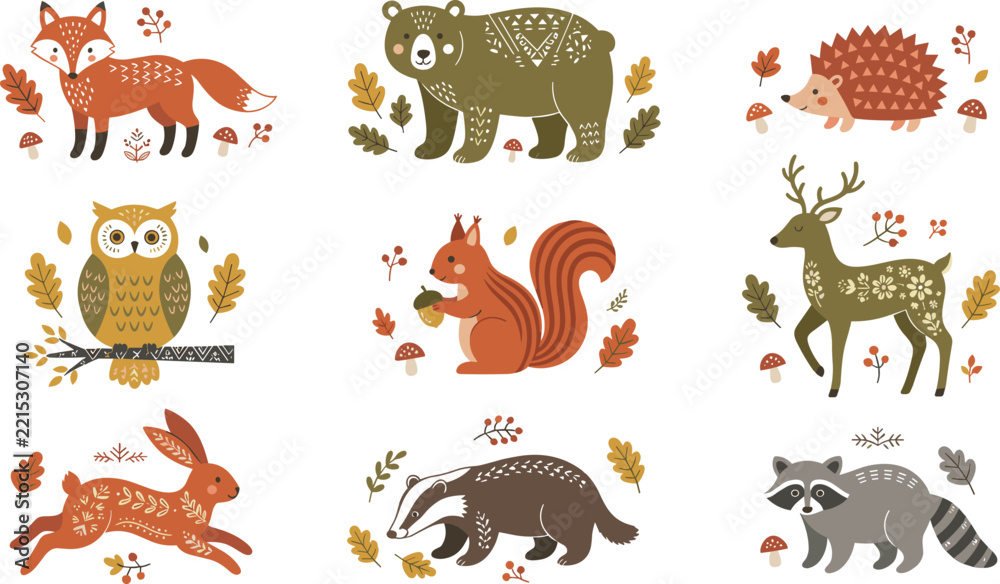Obraz premium Scandinavian Folk Art Woodland Animal Vector Set Featuring Fox Bear Deer Owl and Raccoon Elements for Autumn Home Decor Textiles and Botanical Background Patterns
