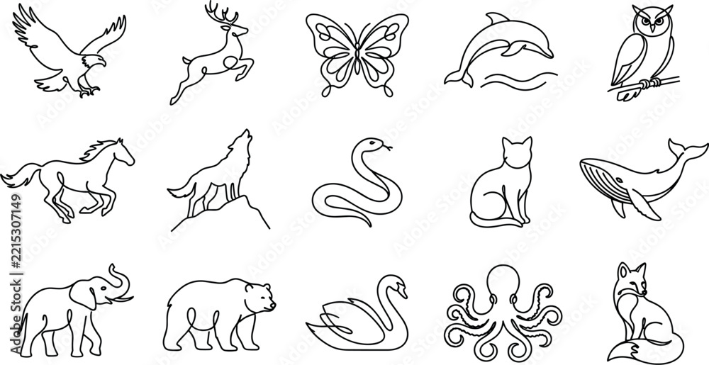 Obraz premium Minimalist Continuous Line Art Animal Vector Collection Featuring Eagle Deer Butterfly Horse and Bear Icons for Modern Logo Design Branding and Tattoo Graphics