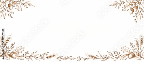 Botanical oak leaf acorn and wheat line art Thanksgiving wide banner background with delicate botanical border and copy space