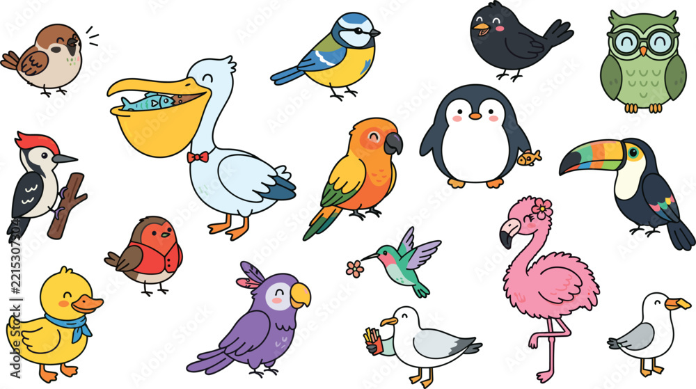 Fototapeta premium Cute Cartoon Bird Vector Illustration Collection Featuring Penguin Flamingo Toucan Owl and Pelican Clipart Elements for Kids Design and Creative Projects