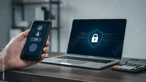 Person holding smartphone with secure verification next to laptop for cyber security authentication