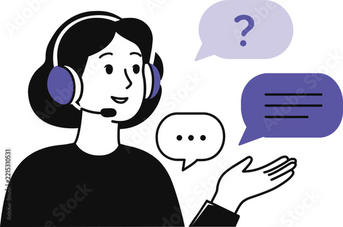Customer support agent wearing headset with speech bubbles illustration