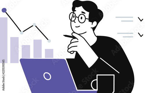 Business analyst working on laptop with financial growth chart illustration