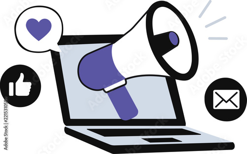 Digital marketing concept with laptop megaphone and social media icons