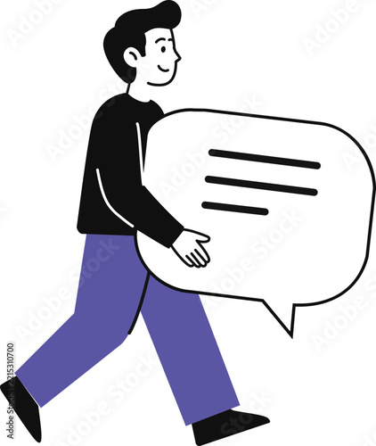 Young man walking and carrying a large speech bubble for communication
