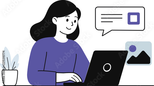 Woman working on a laptop with a digital chat bubble and icon illustration