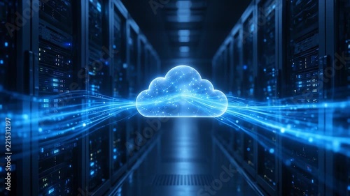 Cloud Computing Data Center: A futuristic depiction of cloud computing within a modern data center, with glowing data streams flowing towards a luminous cloud icon amidst server racks.