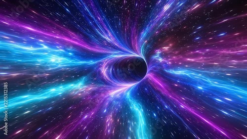 Cosmic Voyage: A mesmerizing journey through a vibrant wormhole, with swirling nebulae of purple and cyan light stretching into the infinite expanse of space.