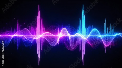 Abstract Soundwave Spectrum: A vibrant display of an abstract soundwave spectrum, rendered in glowing neon pink and electric blue, pulses across a dark background, symbolizing music, audio.