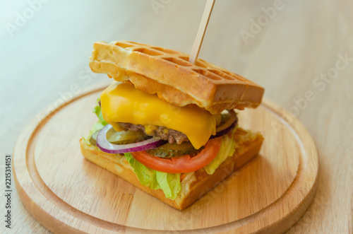 Gourmet Waffle Burger with Beef Patty, Cheese, and Vegetables