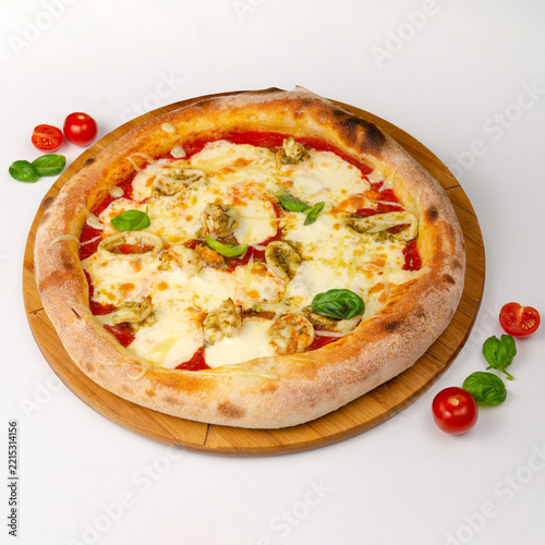 Gourmet Seafood Pizza with Cheese, Pesto, and Basil