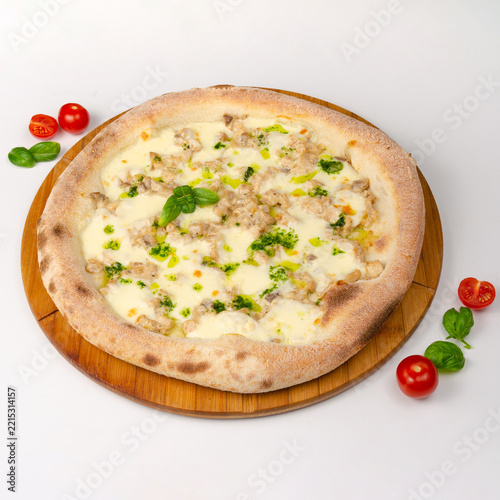 Gourmet Pizza with Cheese, Pesto, and Basil
