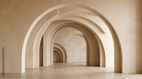 Minimalist architectural arches corridor with soft beige walls and perspective depth for interior design background