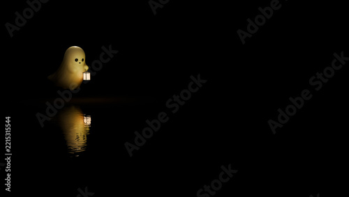 Cute glowing ghost is holding ancient lantern over a lake (3D Rendering)