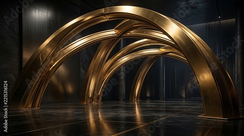 Abstract Gold Arches Architectural Structure in Dark Marble Hallway 3D Rendered Luxury Interior Background