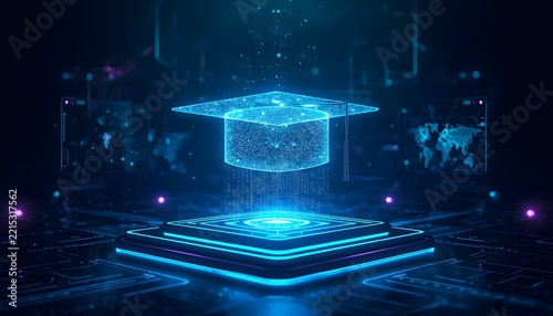 Digital graduation cap floating above a glowing futuristic data