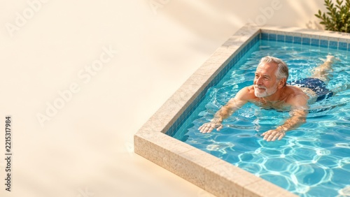 Miniature senior swimmer in a blue tiled pool against a cream backdrop
