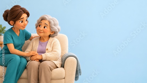 Smiling cartoon nurse comforting a senior woman in a cream armchair