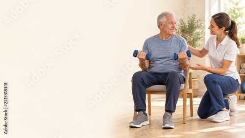 Senior man lifting blue dumbbells with a therapist in a bright room