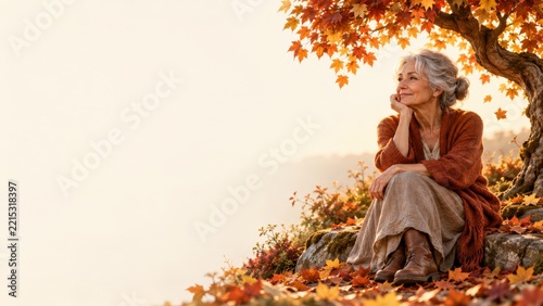 Thoughtful senior woman resting beneath golden autumn leaves at sunset